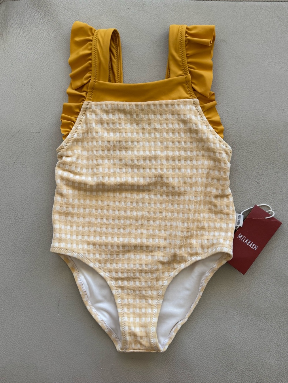 NWT Milkbarn Toddler Yellow Gingham Ruffle Square Neck Swimsuit Size 2-3 $39